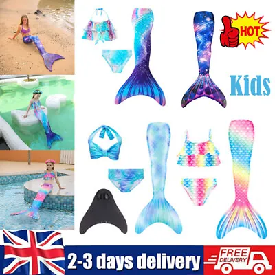 Kids Mermaid Tail With Monofin Swimmable Bikini Set Costume Swimsuit Swimming • £10.82