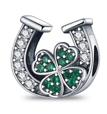 Genuine S925 Sterling Silver Four Leaf Clover Rhinestone Lucky Horse Shoe Charm • £12.45