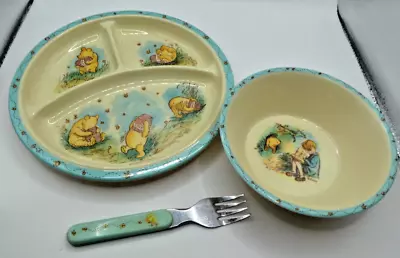 Vtg Winnie The Pooh Kids Baby 3 Section Plate Bowl Fork Selandia Designs • $8.99