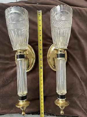 Vintage Etched Crystal & Black W Brass Chalice Wall Sconce Lamps Hungary 2pc LOT • $55