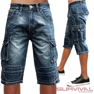 Mens New Cargo Walk Shorts Blue Washed Quality Denim Jeans Sizes 28-33 Casual • $45.01