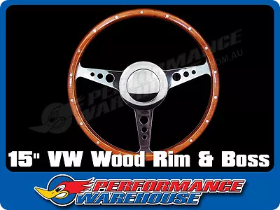 15  Flat Wood Rim Steering Wheel 9 Bolt & Billet Adaptor Volkswagen VW 1200-1600 • $242.93