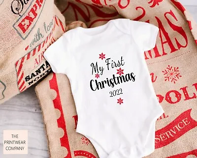 My 1st First Christmas 2022 Baby Grow Bodysuit Babygrow Snowflake Shower Gift • £4.98