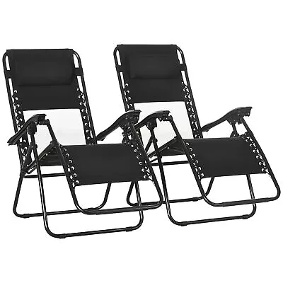 Outsunny Foldable Garden Recliner Chair Set Of 2 W/ Footstool & Headrest Black • £73.99