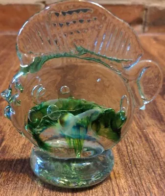 Small Art Glass Fish Murano Style Round Pedestal Base Clear Green Paperweight • $12.99