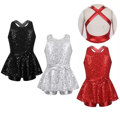 Girls Sparkly Ice Skating Dress Kids Ballet Dance Leotards Skirts Dancewear • £9.12