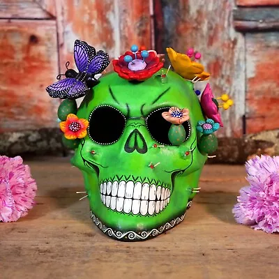 Lg Cactus Sugar Skull Day Of The Dead Flowers Butterfly Handmade Mexico Folk Art • $185