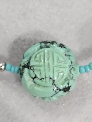 VINTAGE CHINESE LIGHT Green CARVED BEADED TURQUOISE NECKLACE. See Pictures  • $29.99