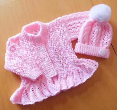 NEW Hand Knitted Baby Cardigan And Hat Set - Pink With White - 0-3 Months • £19