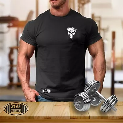 Skull T Shirt Pocket Gym Clothing Bodybuilding Training Workout Exercise MMA Top • £10.99