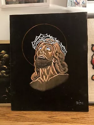 Vtg Black Velvet Jesus Christ Painting 18x22 Savior God Thorns Signed Diaz Kitch • $85