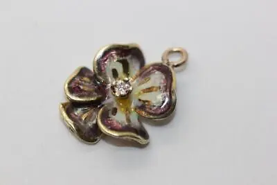 VINTAGE 14k GOLD 3D PANSY FLOWER ENAMEL CHARM BRACELET PENDANT DIAMOND • $248