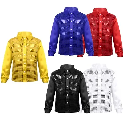 Boys Sparkly Sequin Dress Shirt Long Sleeve Button Down 70s Shirts Disco Costume • £6.19
