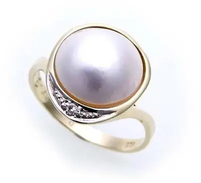 Women's Ring Genuine Gold 585 Mabe Pearl 0 7/16in Brilliant 002 Yellow Diamond • $620.74