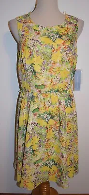 New London Times Sz 14 Dress Sleeveless Open Back Yellow Floral Spring Sundress  • £31.84