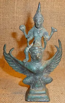 Antique Bronze Statue Thai Hindu God Vishnu Atop Garuda Sculpture Figurine    • $139.99