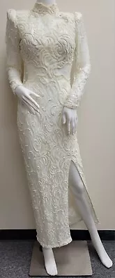 Vtg 80s Precious Formals Ivory Beaded Long Sleeve Wedding Formal Gown Size XS • $683.54