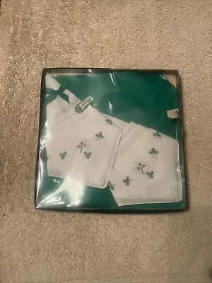 2 Vintage St. Patrick Irish Linen Hankies Shamrocks Embroidered Ireland New Box • $19.99