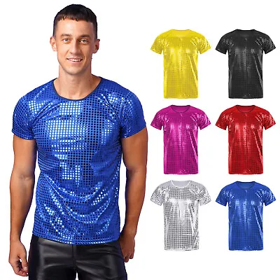 Men's Short Sleeve Sparkle Sequins Shirts 70s Disco Nightclub T-Shirt Dance Tops • £11.58