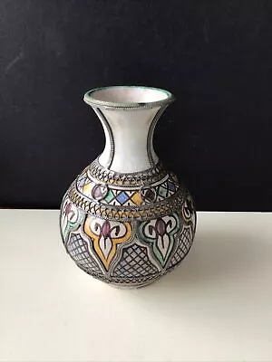 £35 • Buy Moroccan Hand Painted Jug Vase With Delicate Metal Work Surround 16.5cm H 
