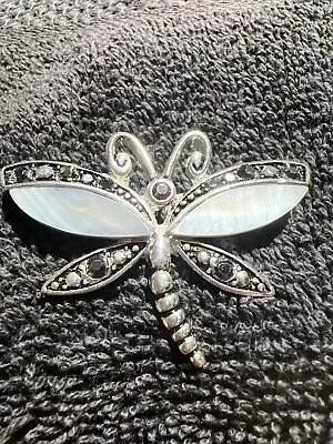 Vintage Enameled Silver Tone Dragonfly Rhinestone Black White Brooch Pin • $10