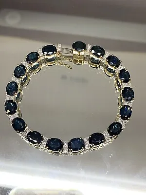 Zales 14k Yellow Gold 25ctw Blue Oval Sapphire And Diamond Bracelet 19.5 Grams • $7595