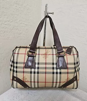 BURBERRY Coated Canvas Boston Handbag Haymarket Vintage Satchel AUTHENTIC • $275