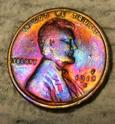  1918 S Lincoln Wheat Cent Penny Rainbow Toned LOW MINTAGE Bu VF XF US Coin Rare • $8
