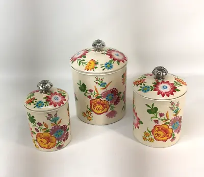 Pier 1 Import Canister Set Metal Heavy Duty Floral With Silver Knobs Beautiful • $61.88