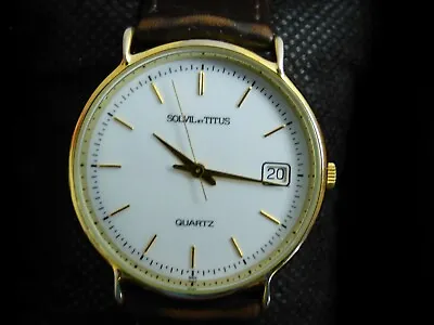 £30 • Buy Solvil Et Titus Watch 06-0075 White Face Date Leather Strap Gold Tone Case