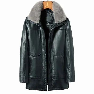 Leather Coat Men Mink Fur Collar Down Jacket Removable Sheepskin Genuine Leather • $281.31