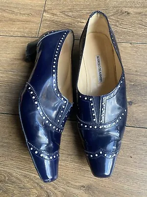 Manolo Blahnik Midnight Blue Leather Low Block Heel Brogues Flats Rare 8 41 • £24.99