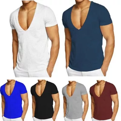 100% Cotton Men's Short Sleeve Deep V Neck T Shirt Slim Fit Clubwear Office Top* • $12.21