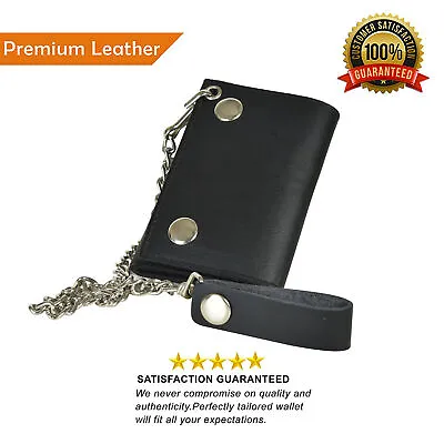 Leatherboss Genuine Leather Men's Trifold Wallet With Chain Biker Trucker Black • $16.99