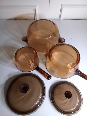 Vintage  Vision   Corning Ware 5 Piece Amber Glass Cookware Pots Pans And Lids • $89