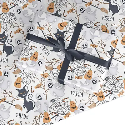 Personalised Halloween Name Cat Pumpkin Ghosts Birthday Wrapping Paper Gift Wrap • £15.99