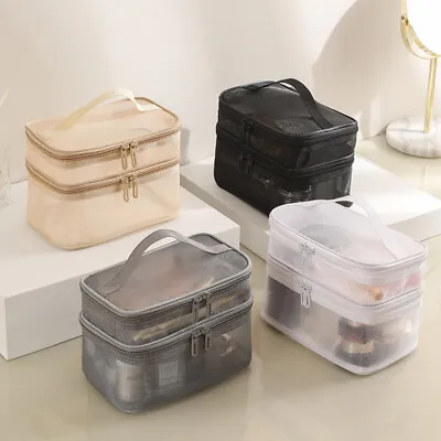 Double Layer Mesh Cosmetic Bag Women Portable Make Up Case Big Capacity Zipper • £6.11