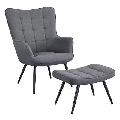 Mid-Century Modern Fabric Wingback Accent Chair With Ottoman Gray • $173.98