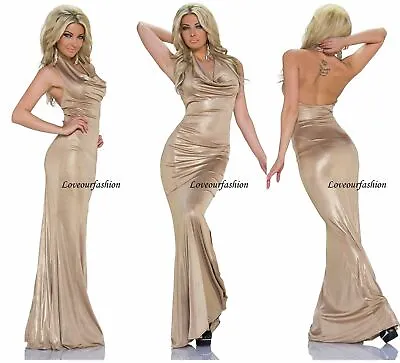 £49.99 • Buy Goddiva Sexy Evening Fishtail Halter Neck Dress Maxi Long Party UK 8-12 Gold