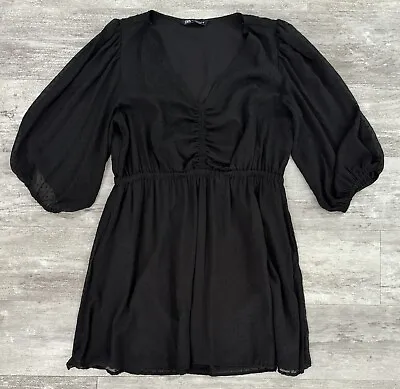 Zara Black Mini Dress Womens XL Lace Puff Sleeves Great Condition • $16.89