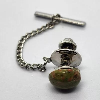 Vintage Tie Tack / Tie Pin Silver Tone Cabochon Green Unakite Stone Healing • $9.99