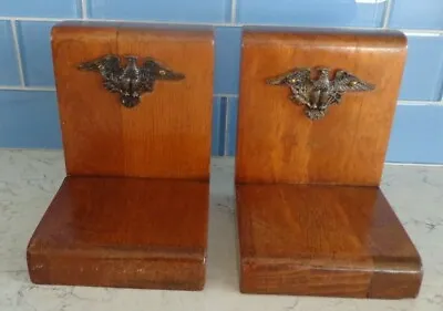 Vintage Wooden Bookends With United States Eagle Medallion • $16.97