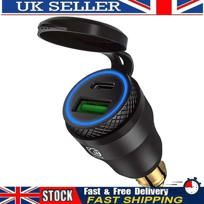 £12.49 • Buy DIN Plug To QC3.0 + PD USB Charger W/ LED Light For Motorcycle (Black+Blue) UK