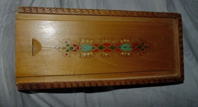 £5.99 • Buy Vintage Wooden Big Rectangular Sliding Lid Pencil Box/case One Tier~pyrography