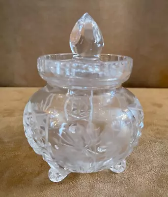 Vintage Clear Glass Honey Pot Jam Jelly Lid Cut Etched Dipper Hole Jar Floral • $62.50