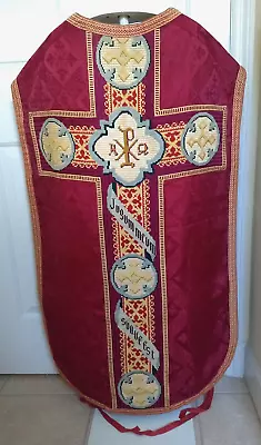 Vtg Red Fiddleback Chasuble Vestment Needlepoint Chi Rho Latin Alpha Omega • $385