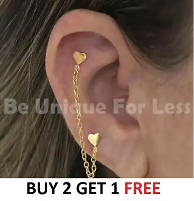 £3.99 • Buy Double Heart Chain Set Steel Flat Back Heart Tragus Cartilage Earring Bar Stud 