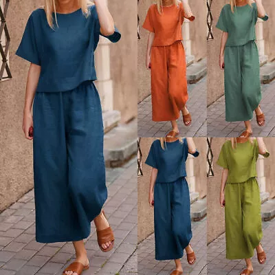 £14.09 • Buy Womens Cotton Linen Tracksuit T-Shirt Harem Pants Wide Leg Casual Loungewear Set