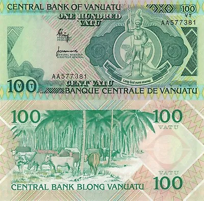 Vanuatu 100 Vatu (1982) - Coat Of Arms/Cattle/Palm Trees P-1 UNC • $9.95