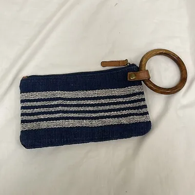 MUD PIE Blue White Striped Cotton Jute Wooden Wristlet Clutch Purse Bag Handbag • $21.95